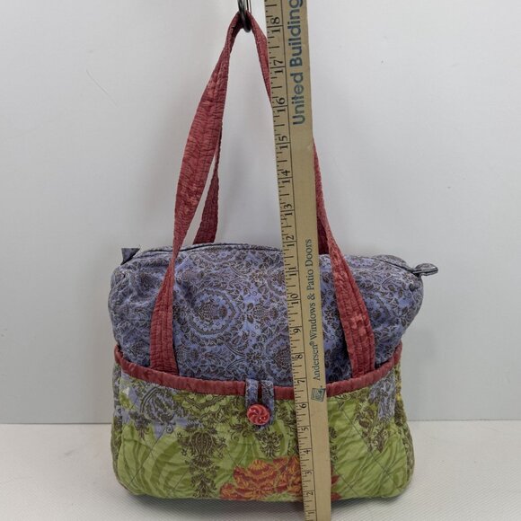 Handcrafted Multi-Color Quilted Fabric Tote Bag Zipper Closure Button Pockets - Picture 10 of 16